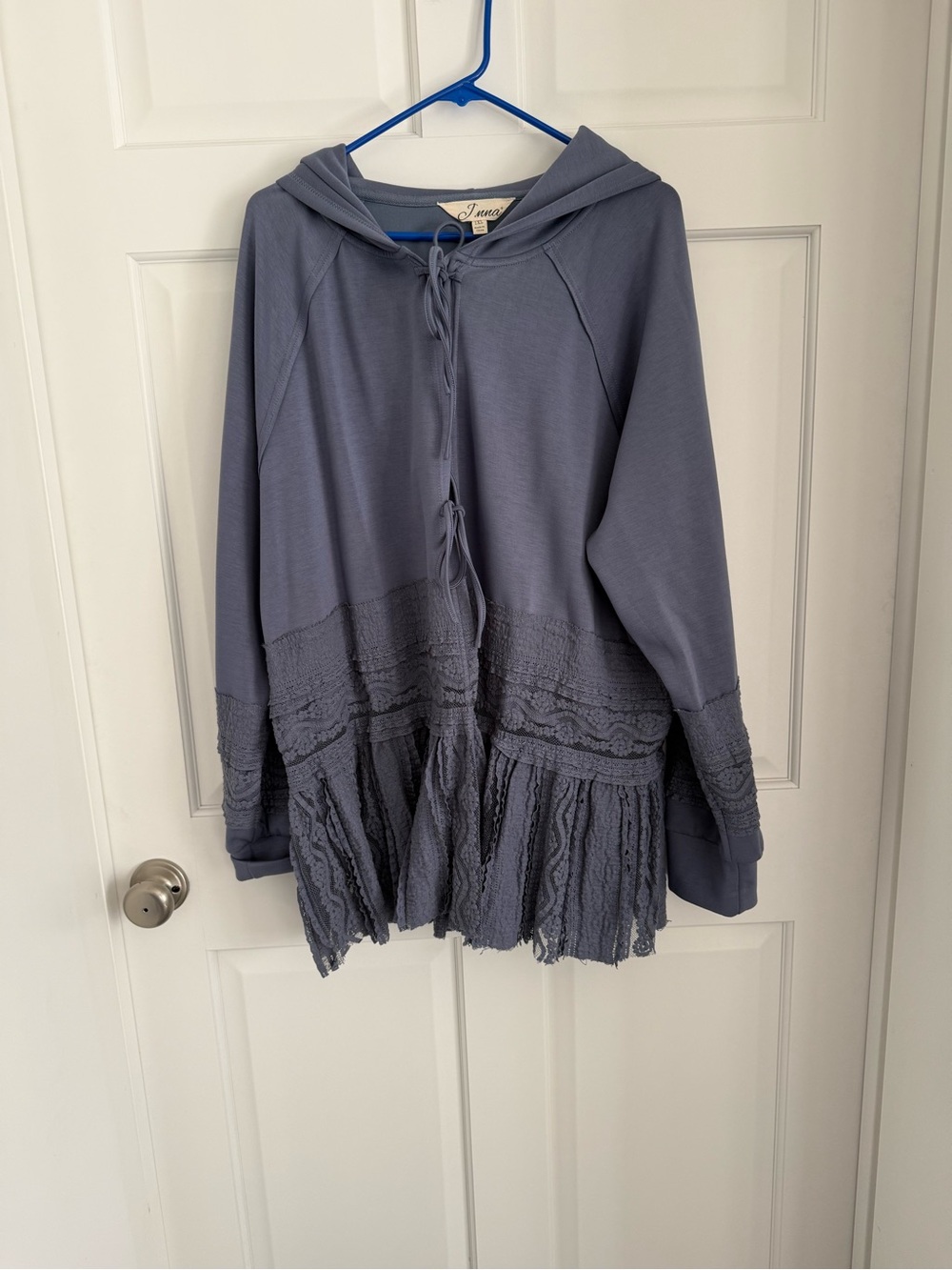 Lacy Tie in the Front Periwinkle Hooded Sweatshirt
